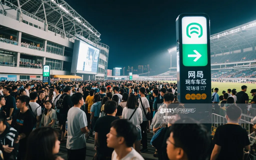 球场散场后的人群与指示牌，强调集合点与上车区策略