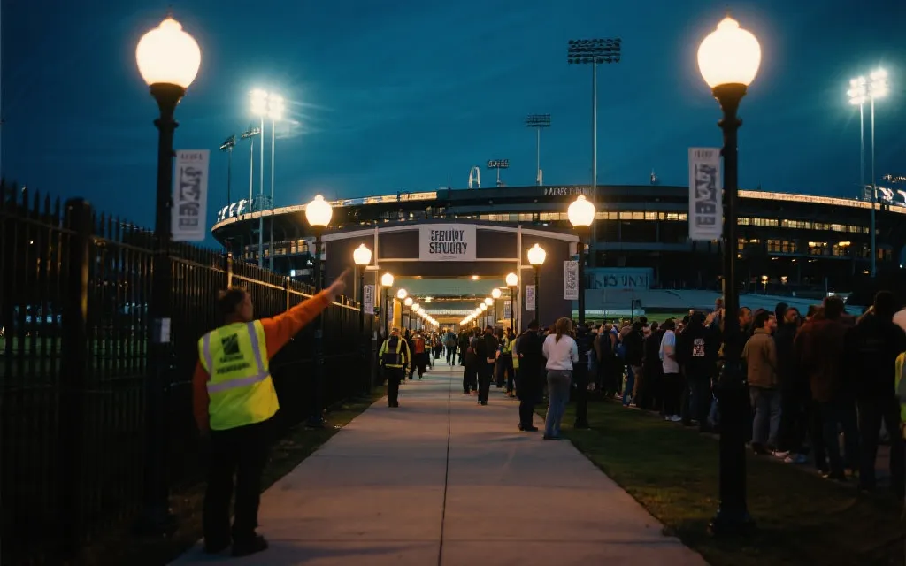 球场外步行通道与安检入口导向，夜间明亮且人流有序